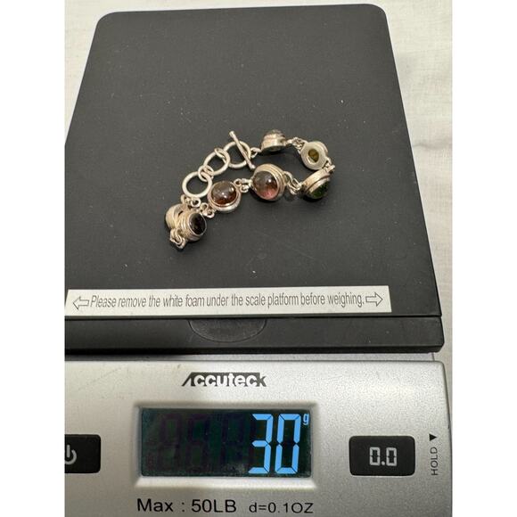 Sterling Silver Link Toggle Bracelet Multi Color 7 Stones Graduated Cabochons - Picture 3 of 8